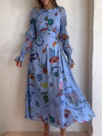 Kurzes Midikleid mit Graffiti-Laternenausschnitt und Ausschnitt