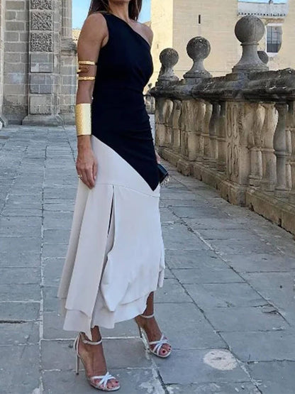 Fashionable sleeveless loose one shoulder midi dress