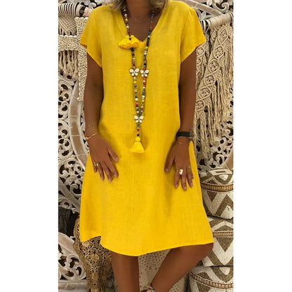 🔥49%- Cotton-Polyester Blend Dresses Casual V Neck Midi Dress🔥