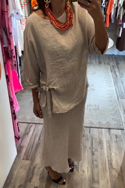 Women's casual round neck top cotton and linen skirt suit