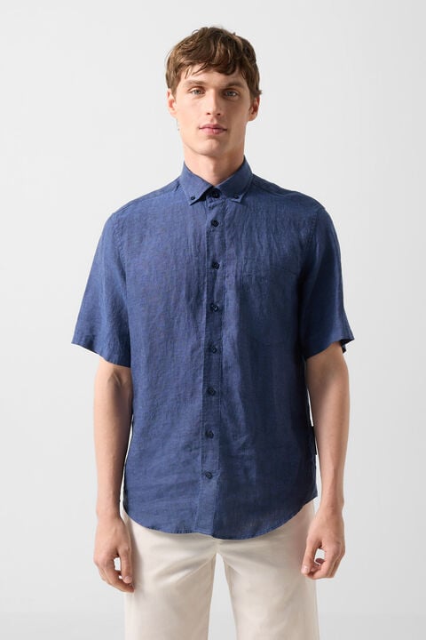 Linen Short-Sleeved Shirt Lykos In Navy Blue