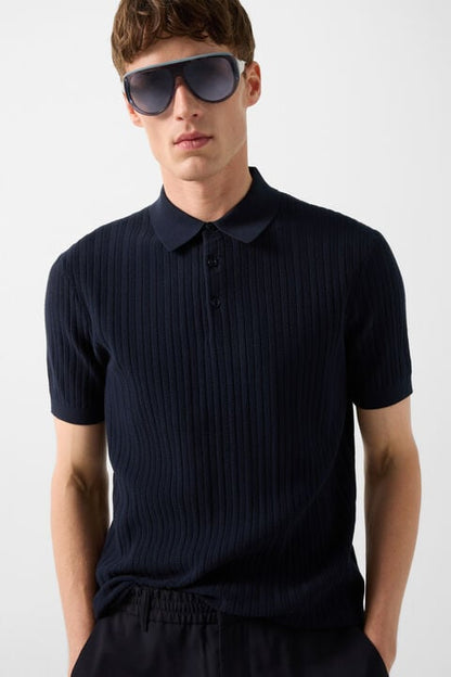 Tobias Knitted Polo Shirt In Navy Blue