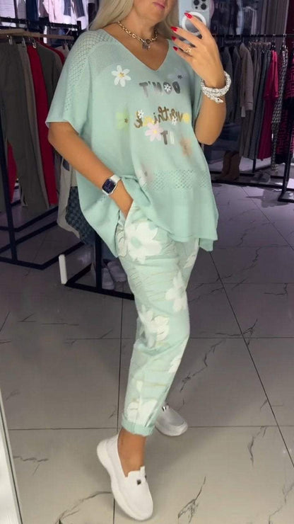 Lace Letter Top and Floral Casual Pants Two-piece Set