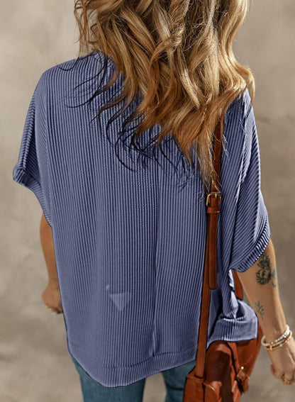 Dokotoo Women's Casual Oversized Short Sleeve Solid Color Loose Texture Knit Tunic Tops Blouses