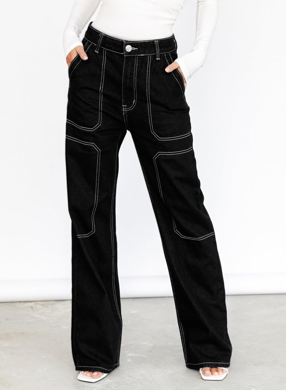 Dokotoo Women's Casual Mid Waist Cargo Jeans Stretch Wide Leg Denim Pants with Pockets