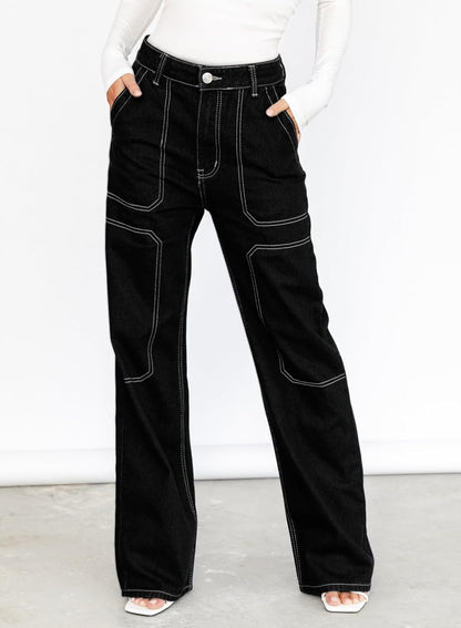 Dokotoo Women's Casual Mid Waist Cargo Jeans Stretch Wide Leg Denim Pants with Pockets