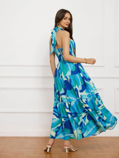 GRACE KARIN Women's Summer Dresses 2025 Halter Neck Sleeveless Smocked Backless Cut Out Floral Flowy A Line Maxi Dress