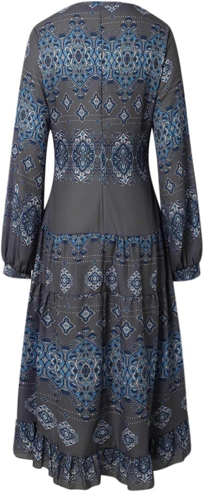 Women's Flowy Ethnic Puff Long Sleeve Midi Dress Casual Boho Floral Swing V-Neck Vacation Ruffle Dress with Belt