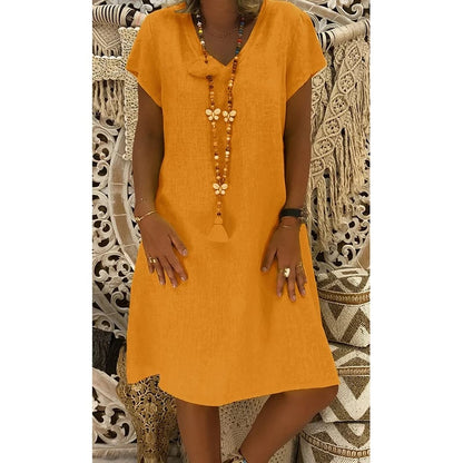 🔥49%- Cotton-Polyester Blend Dresses Casual V Neck Midi Dress🔥