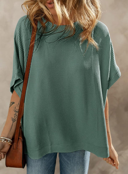 Dokotoo Women's Casual Oversized Short Sleeve Solid Color Loose Texture Knit Tunic Tops Blouses
