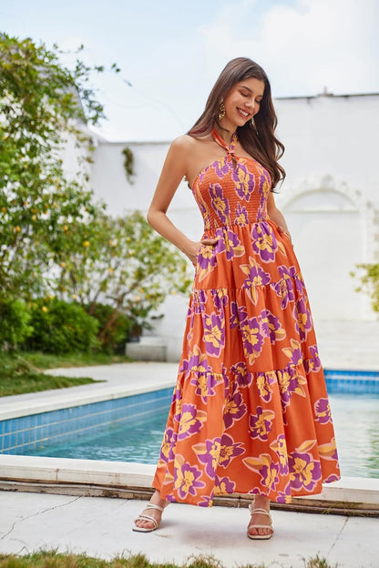 GRACE KARIN Women's Summer Dresses 2025 Halter Neck Sleeveless Smocked Backless Cut Out Floral Flowy A Line Maxi Dress