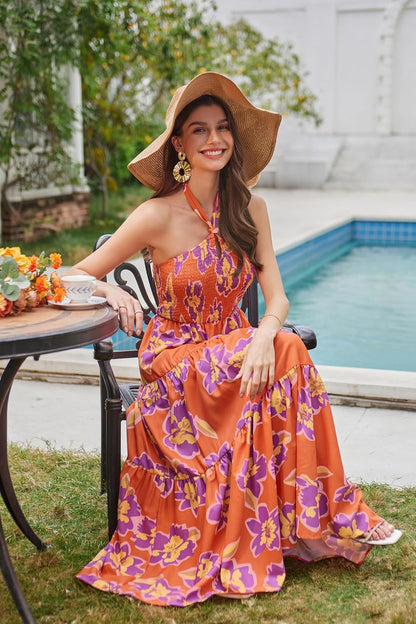 GRACE KARIN Women's Summer Dresses 2025 Halter Neck Sleeveless Smocked Backless Cut Out Floral Flowy A Line Maxi Dress