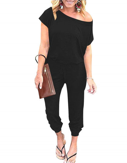 ANRABESS Casual Off Shoulder Elastic Waist Stretchy Long Romper Jumpsuit
