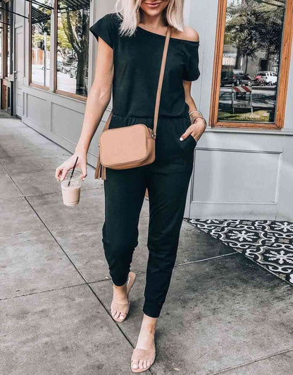 ANRABESS Casual Off Shoulder Elastic Waist Stretchy Long Romper Jumpsuit