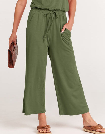 ANRABESS Short Sleeve V Neck Elastic Waist Wide Leg Cropped Pant Jumpsuits Rompers