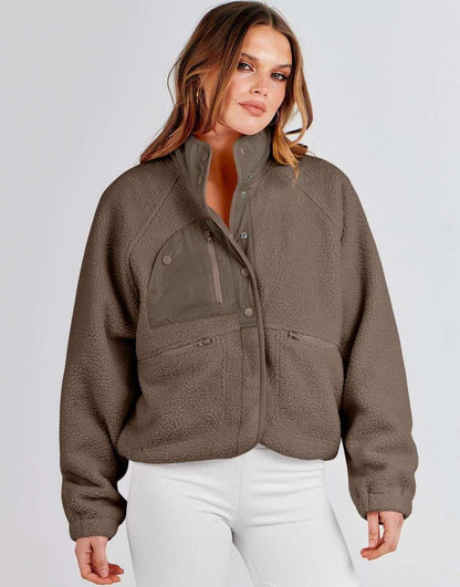 ANRABESS Womens Fleece Jacket Button Down Shacket Casual Sherpa Cropped Coats Warm Outwear with Pockets