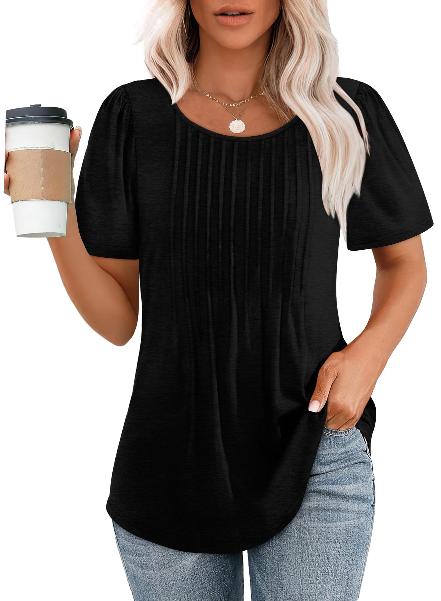 Women's Short Sleeve Pleated Scooped Neck Tops (Buy 3 Free Shipping)