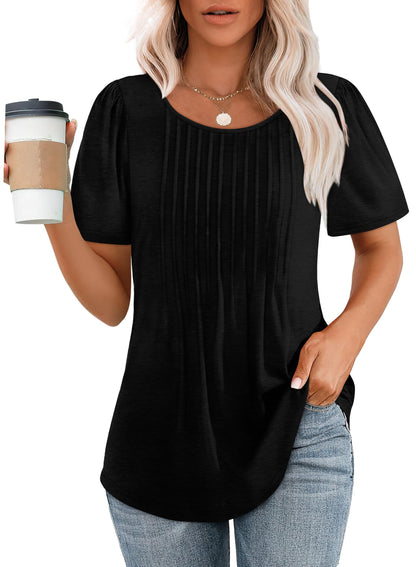 Women's Short Sleeve Pleated Scooped Neck Tops (Buy 3 Free Shipping)