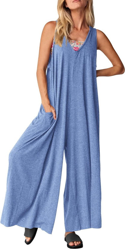Women's Casual Summer Overall Jumpsuits Sleeveless Tank V Neck Wide Leg Loose One Piece Romper