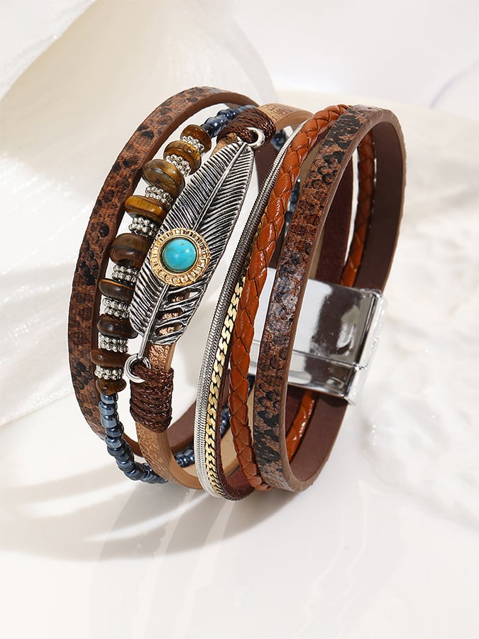 Women's Vintage Bohemian Feather Turquoise Magnet Clasp Bracelet