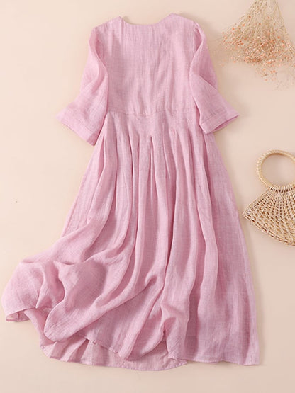 Ramie Solid Loose Pleated Dress