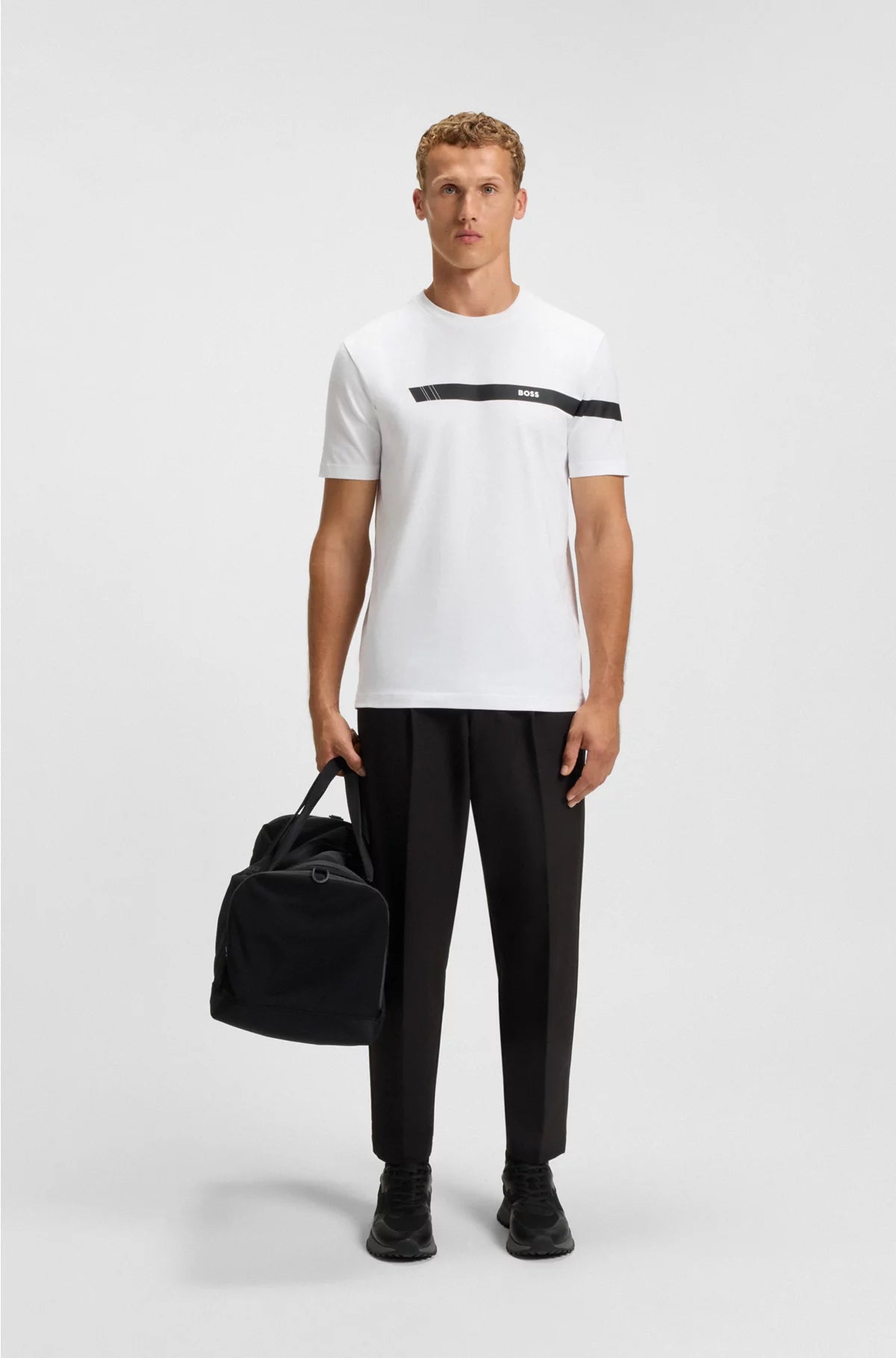 STRETCH-COTTON T-SHIRT WITH STRIPE AND LOGO